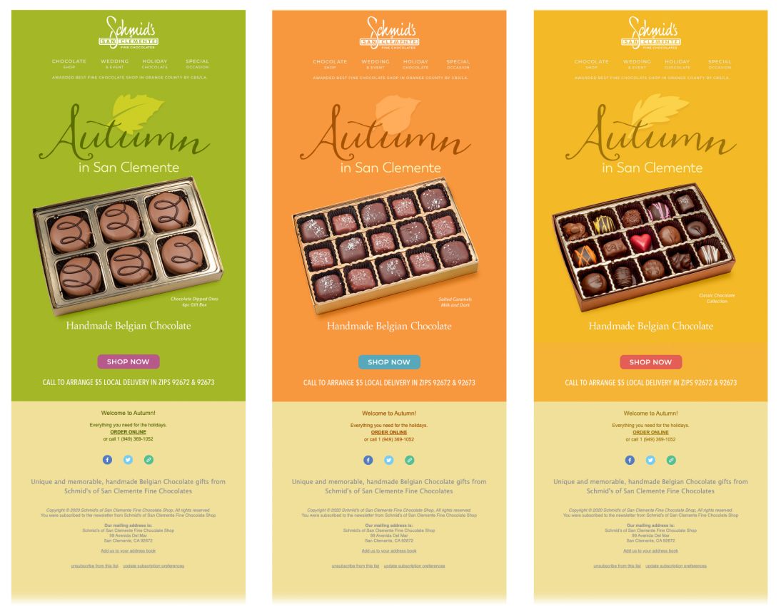 Schmid's of San Clemente Fine Chocolate Autumn Campaign email marketing