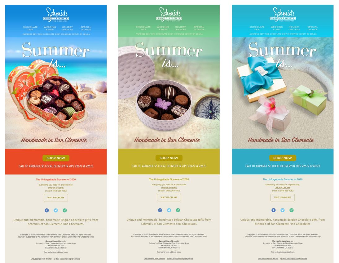 Schmid's of San Clemente Fine Chocolate Summer Email Campaign 