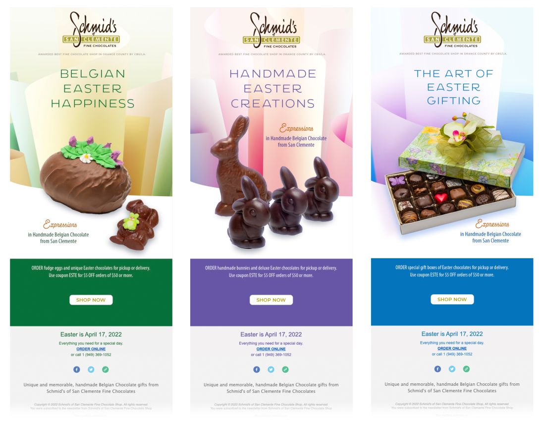 Schmid's of San Clemente Fine Chocolate Easter Campaign email marketing